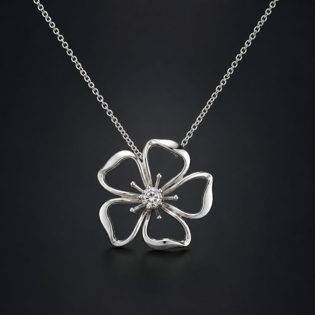 A women's necklace made of silver. hibicus ligne fine et delicat ,diamand dans le milieu, interieur de la fleur vide, plus detail, 5 petales
photorealistic jewelry design, A women's necklace made of silver. hibicus ligne fine et delicat ,diamand dans le milieu, interieur de la fleur vide, plus detail, 5 petales, modern style, just the design no text