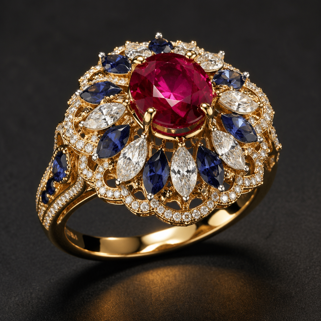 A luxury women's ring made of gold with ruby and diamond and sapphire stones. a luxury ring
photorealistic jewelry design, A luxury women's ring made of gold with ruby and diamond and sapphire stones. a luxury ring, luxury style, just the design no text