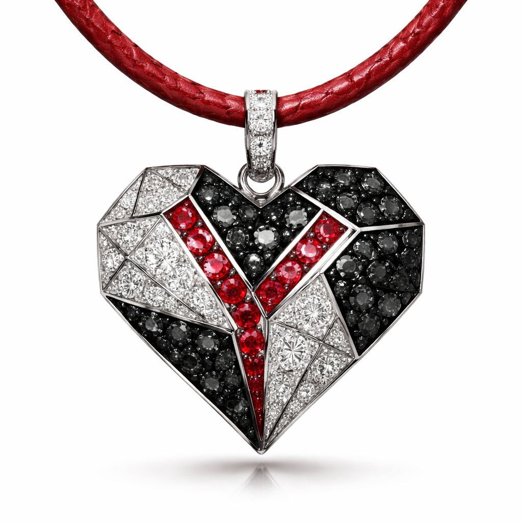 Geomatric pendant of heart of ede style and shape white black diamonds of love shape of little bit of ruby stones and chain and red leather