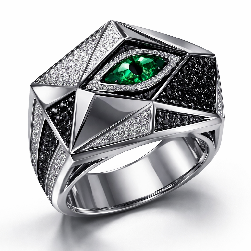 Geomatric pyramid sharp angles edgy angles ring for men of rectangular and sqaure shape of white and blcak diamonds of unique design and special shape and green eye