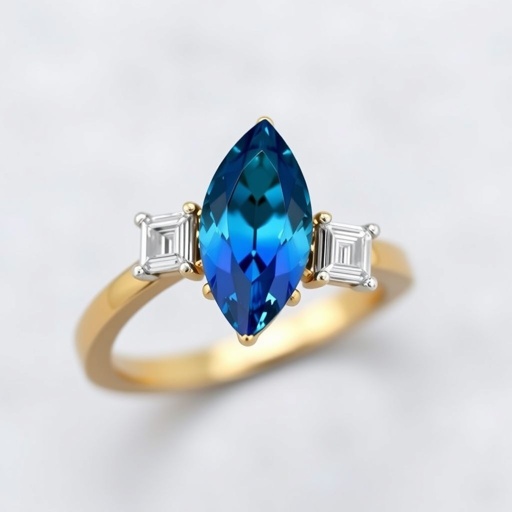 Center stone - 2 Carats Teal sapphire dutch marquise shape. Side stones - baguette cut 0.25 Pointer Diamond. Ring metal 18K Yellow Gold thin band