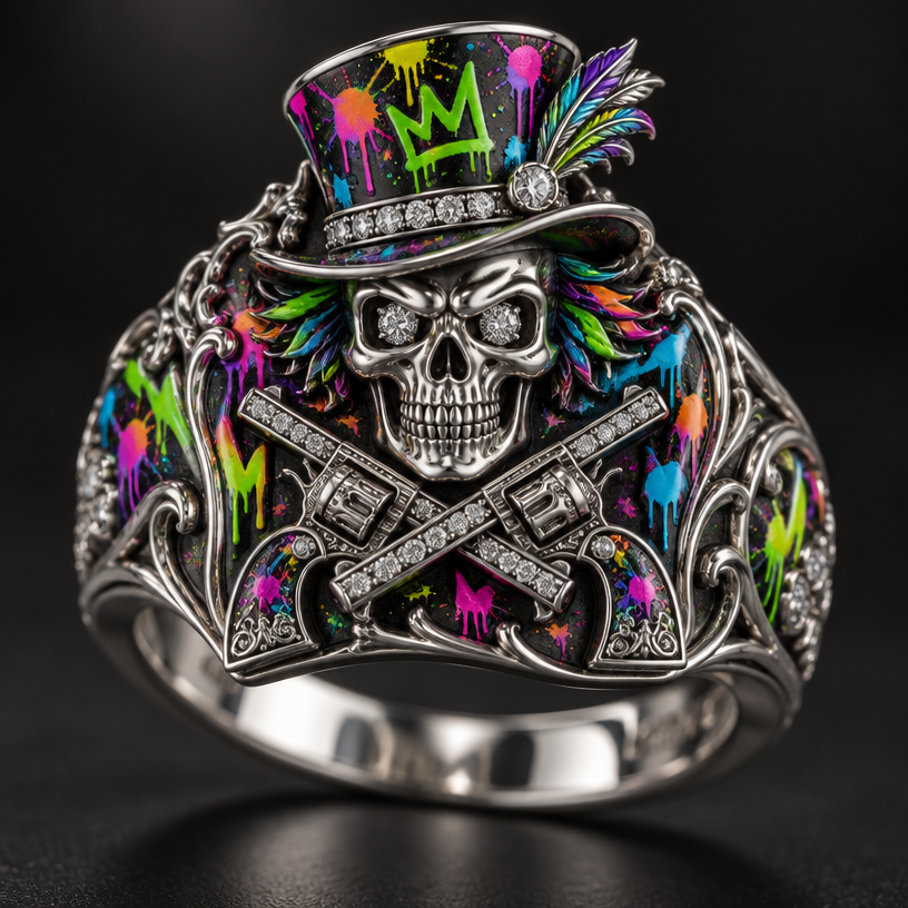 A medieval women's ring made of platinum suitable for formal. a skull with neon graffiti around the skull and pistols crossing
using the attached image as a visual reference, create A medieval women's ring made of platinum suitable for formal. a skull with neon graffiti around the skull and pistols crossing. photorealistic, just the design no text
