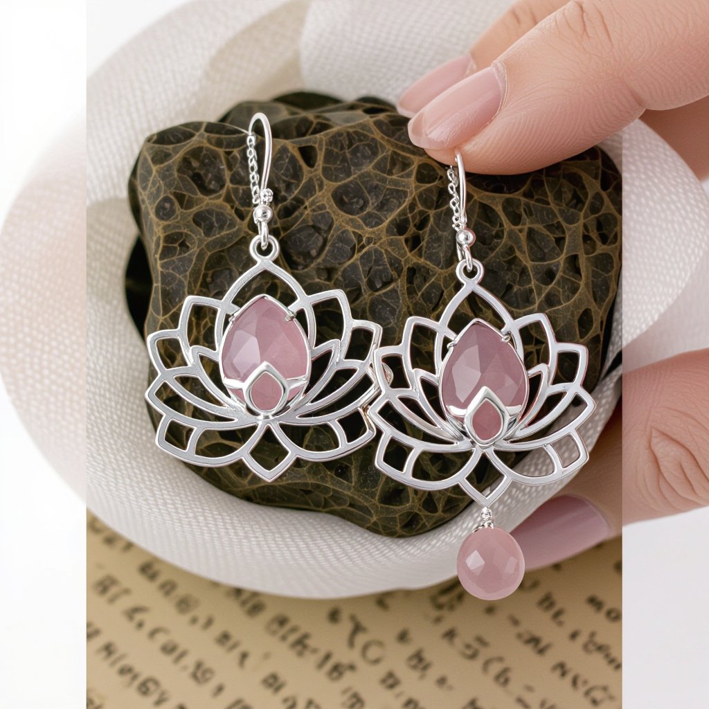 Светлое матовое золото. Серьги с лотосом на длинных цепочках. По центру лотоса камень необрабаботанного розового кварца, от лотоса идет цепочка с еще одним камнем кварца на конце. Серьги тонкие и легкие