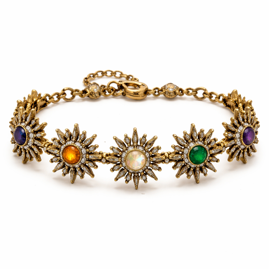 its a bracelet, wish sun symbols with same distance between one another, about 5 suns, it has stones on it