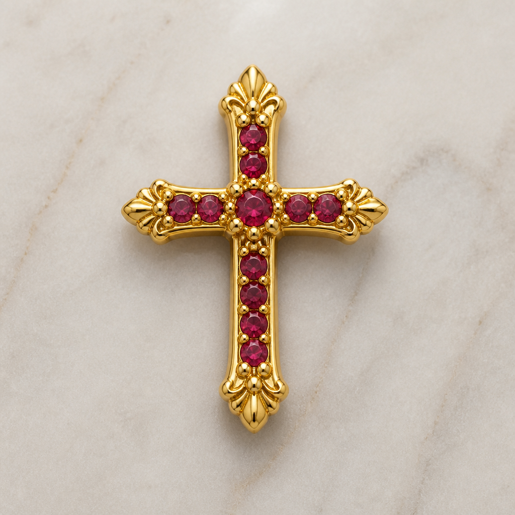 Dainty and feminine Gold cross with rubies, majority gold . Hidden bail
photorealistic jewelry design, Dainty and feminine Gold cross with rubies, majority gold . Hidden bail, bespoke style, just the design no text