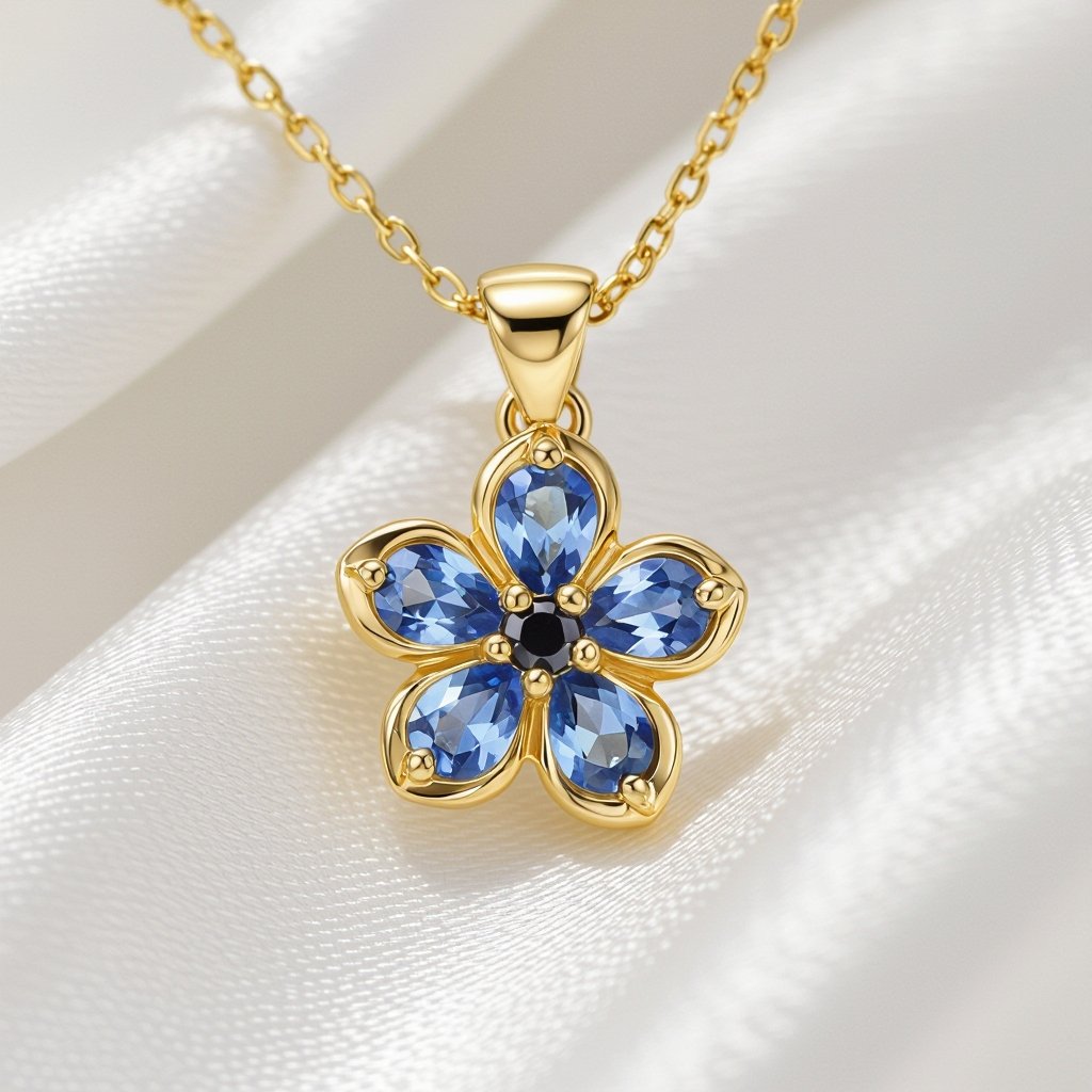 Create a forget me not flower pendant.  The petals are formed using paved light blue sapphires.  The center stone is 1 black diamond surrounded by yellow diamonds 