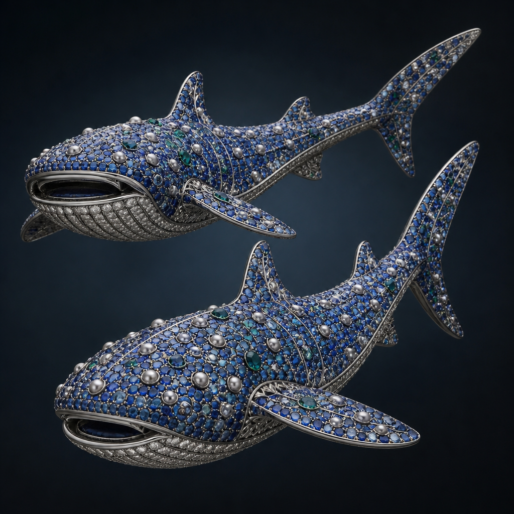 Whale sharks made of sapphire pearls diamonds and emeralds
photorealistic jewelry design, Whale sharks made of sapphire pearls diamonds and emeralds , avant_garde style, just the design no text