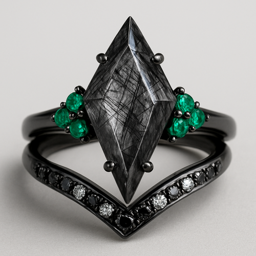 Black band, long kite cut upside down rutilated black quartz, emerald accent stones 3 on each side in a cluster, add a wedding band that curves around main stone with black and white stones