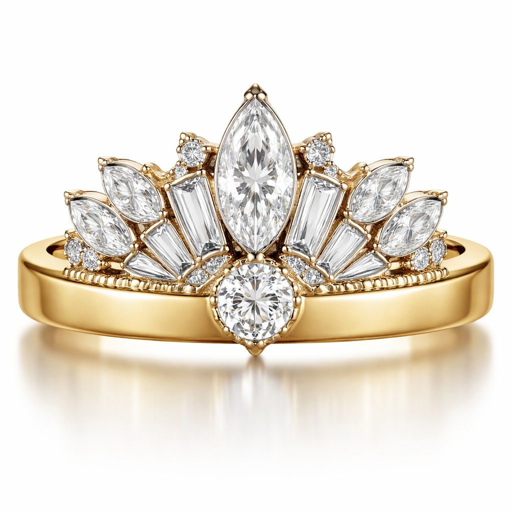 Ring AI Create a ring in 14k yellow gold, set in platinum. The center stone is a .60 size marquise diamond with a .25 round diamond set directly under the marquise. Add 6 more marquise shaped diamonds and 2 more round diamonds and 4 to 6 rectangle shaped baguettes in the shape of a crown with a 4mm thick gold yellow gold band