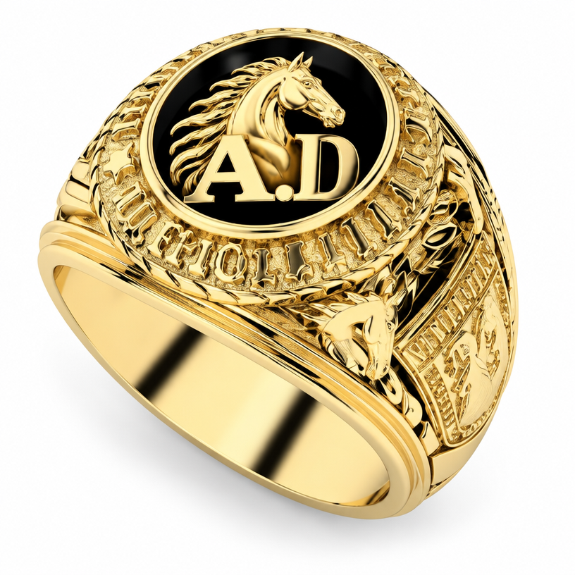 A men's ring. que sea el mismo boceto pero en ves de una a sea un caballo con la iniciales A.D
using the attached image as a visual reference, create A men's ring. que sea el mismo boceto pero en ves de una a sea un caballo con la iniciales A.D. photorealistic, just the design no text