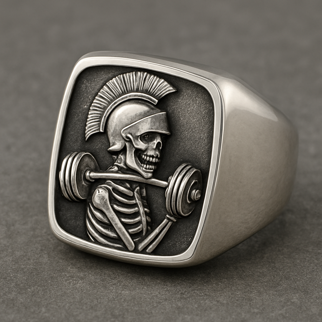 Silver signet ring with spartan skeleton biting barbell