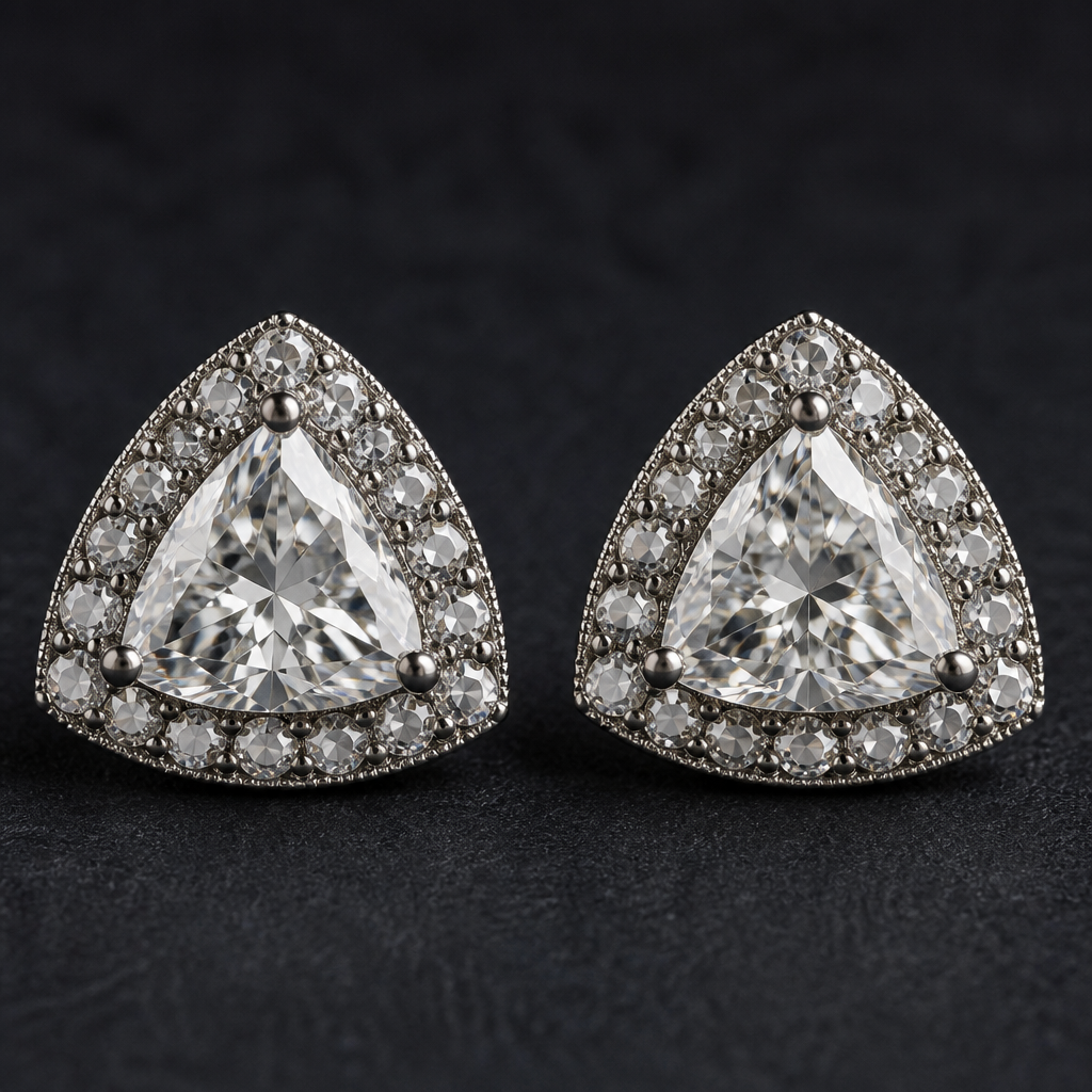 2 2-carat trillion cut diamonds set in earrings adorned with rosecut melee diamonds
photorealistic jewelry design, 2 2-carat trillion cut diamonds set in earrings adorned with rosecut melee diamonds, classic style, just the design no text
