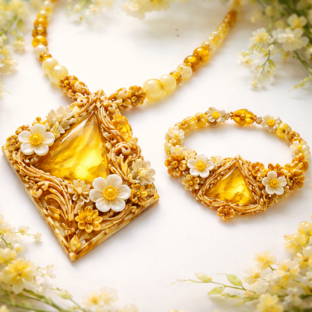 Tik gintaro karolis ir apyrake moteriai, geltona balta su idomiu dizainu be metalu pavasarines nuotaikos trikampio forma