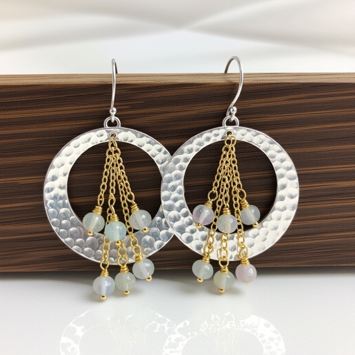 Серебряные серьги словно мятое серебро в форме полумесяца вертикальныйсверху крепится к швензе. От полумесяца идет три цепочки золотого цвета, у каждой на конце мелкий камушек лунный камень