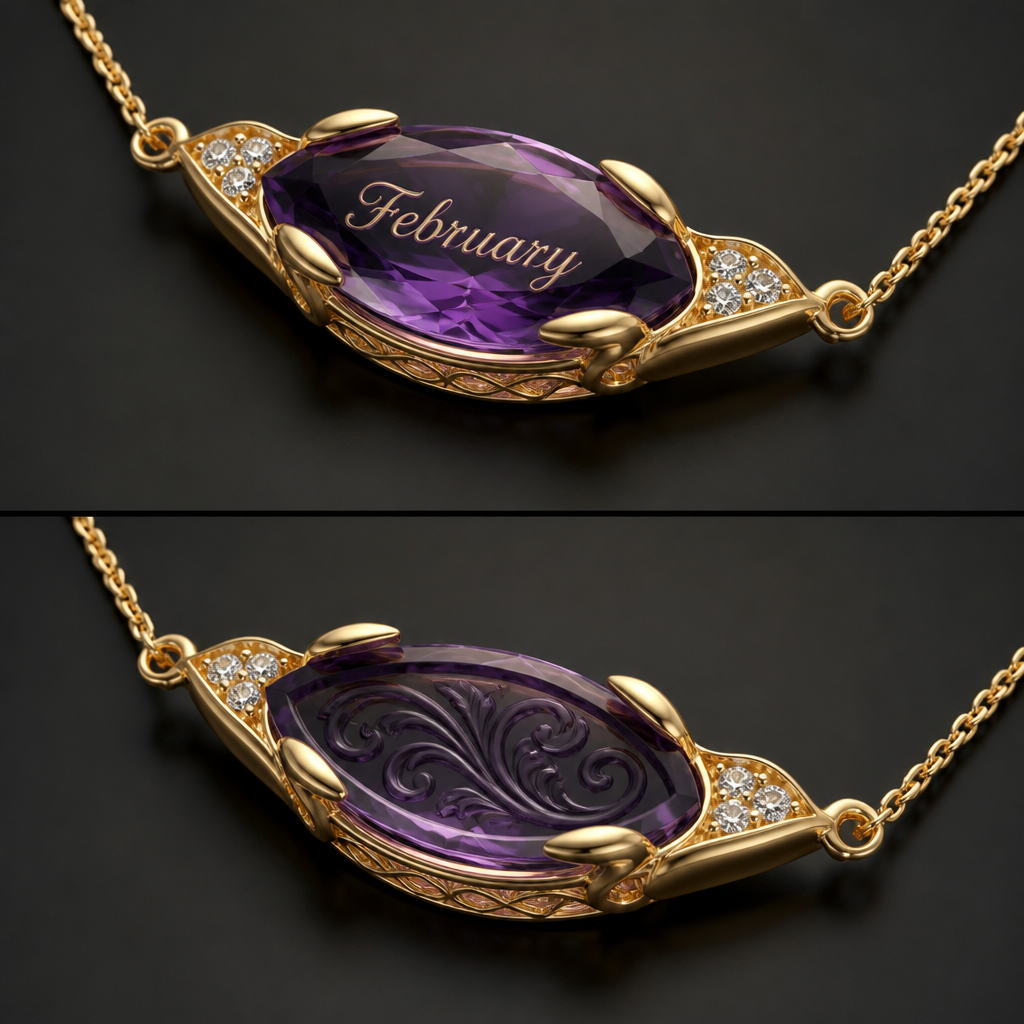 . Refinement: engrave on one side of amethyst stone " Febuary" and on the opposite side of the stone, engraved " other side "
photorealistic jewelry design, . Refinement: engrave on one side of amethyst stone " Febuary" and on the opposite side of the stone, engraved " other side ", Luxury style, just the design no text