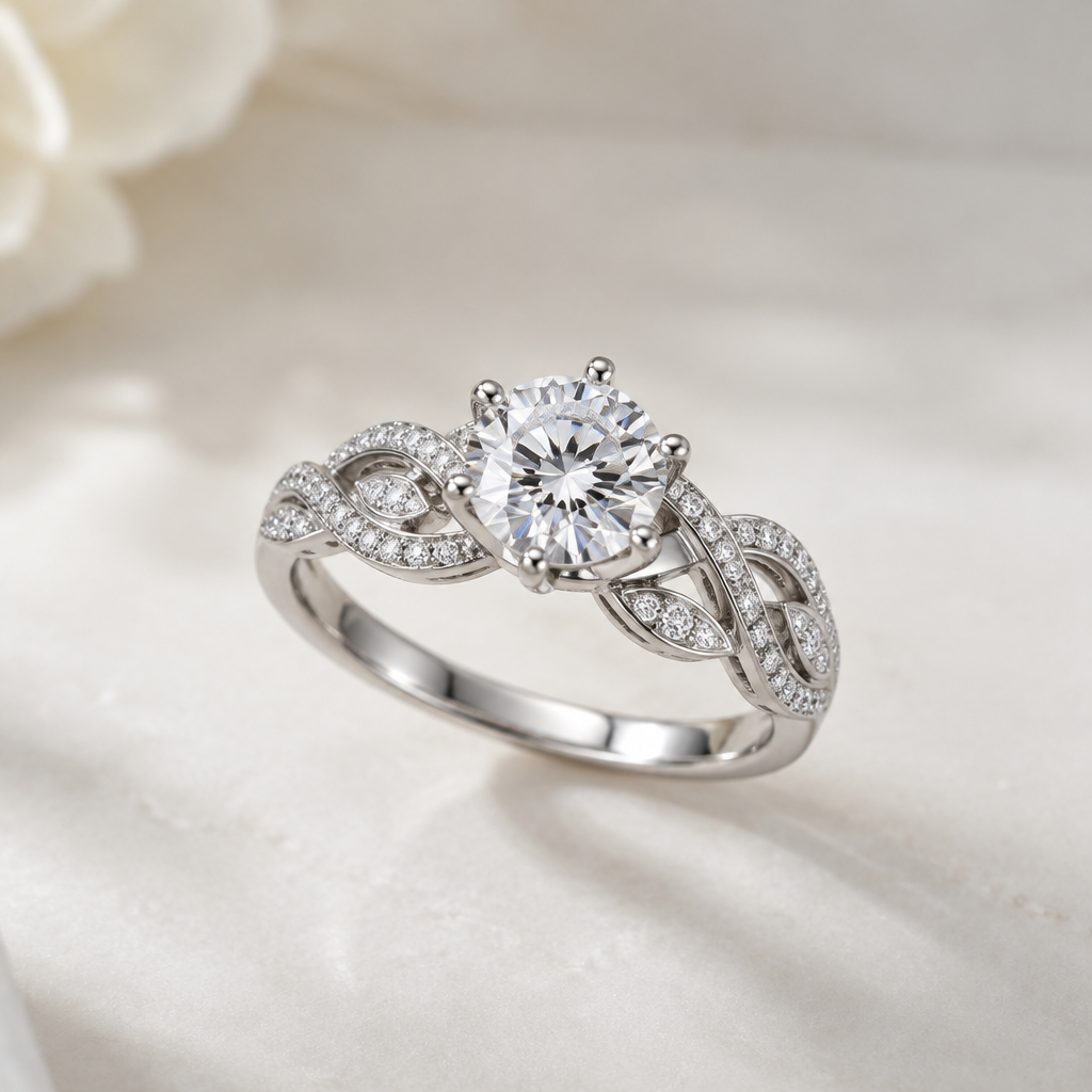 A women's ring, detailed and decorative, moderately ornate. 單顆明亮式切割白鑽項鍊
photorealistic jewelry design, A women's ring, detailed and decorative, moderately ornate. 單顆明亮式切割白鑽項鍊, modern style, just the design no text