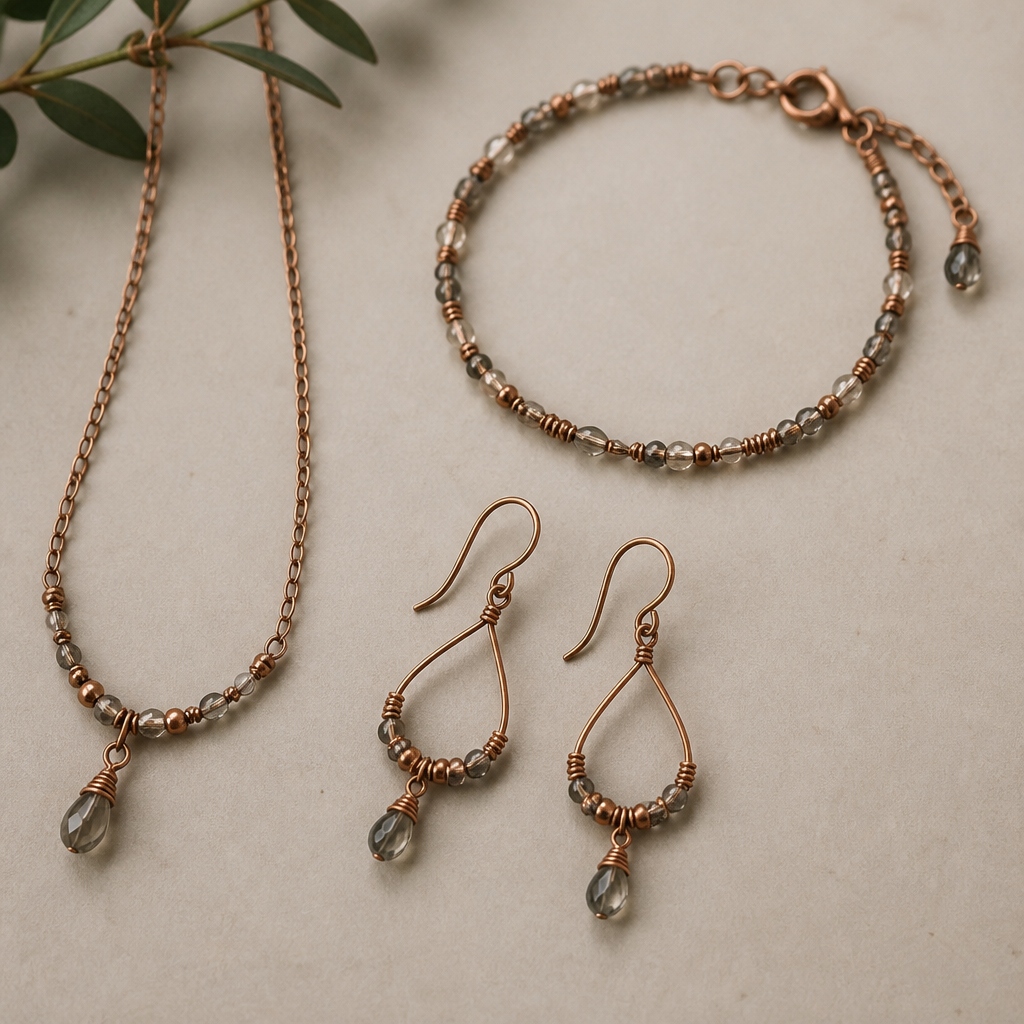 A bohemian women's earrings made of copper suitable for daily wear, minimalist, simple and delicate, clean lines. made from wire, seed beads and crystal beads a set of earrings with matching bracelet and necklace
photorealistic jewelry design, A bohemian women's earrings made of copper suitable for daily wear, minimalist, simple and delicate, clean lines. made from wire, seed beads and crystal beads a set of earrings with matching bracelet and necklace, bohemian style, just the design no text