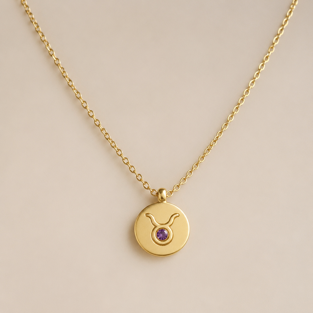 A minimalist women's necklace made of gold with amethyst stones suitable for daily wear. um colar com fio dourado, ouro, a joia em um circulo pequeno cheio , cravado em si o signo de touro contendo no seu centro um estilhaço pequeno de amethyst. um fio elegante, discreto, com um toque de charme e delicado
photorealistic jewelry design, A minimalist women's necklace made of gold with amethyst stones suitable for daily wear. um colar com fio dourado, ouro, a joia em um circulo pequeno cheio , cravado em si o signo de touro contendo no seu centro um estilhaço pequeno de amethyst. um fio elegante, discreto, com um toque de charme e delicado, minimalist style, just the design no text