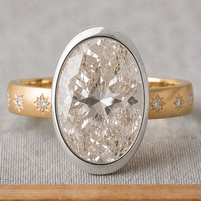the bezel wall should be thicker but still have that diffuse from thick to thin from north-south to east-west
edit the attached jewelry design with these instructions: the bezel wall should be thicker but still have that diffuse from thick to thin from north-south to east-west. keep it photorealistic, just the design no text