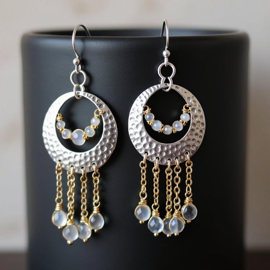 Серебряные серьги словно мятое серебро в форме полумесяца вертикальныйсверху крепится к швензе. От полумесяца идет три цепочки золотого цвета, у каждой на конце мелкий камушек лунный камень