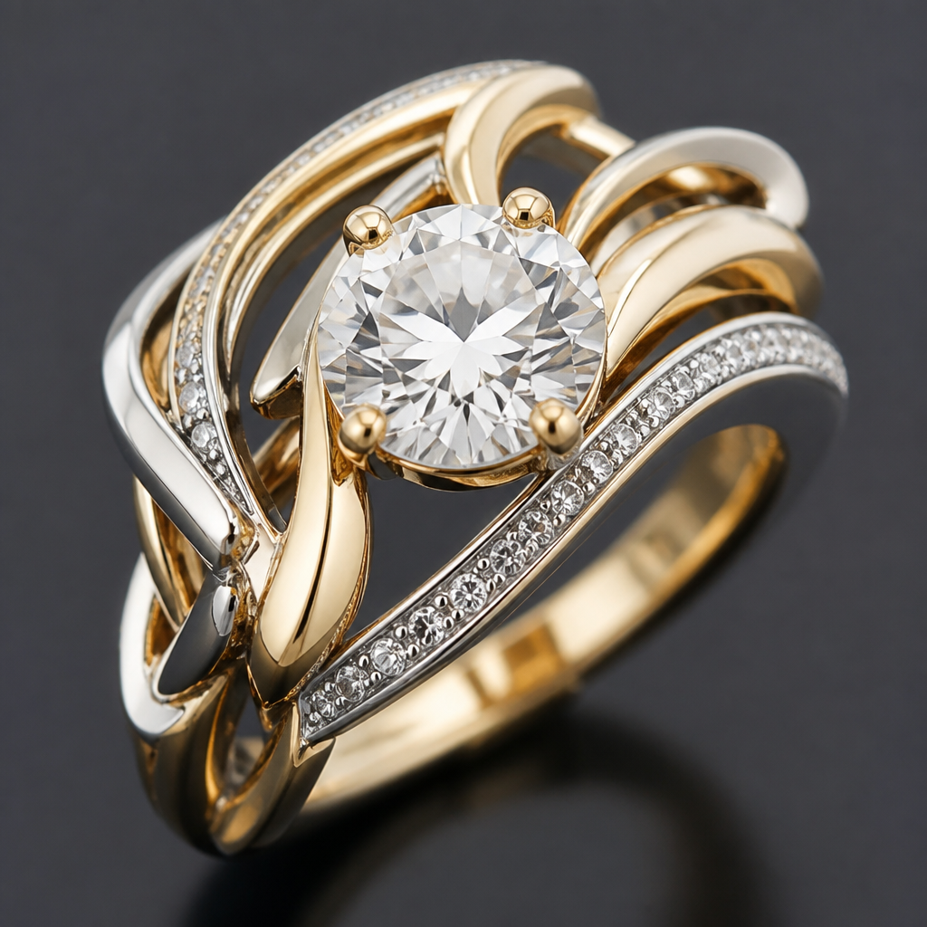 A statement women's ring made of mixed metal with diamond stones suitable for festival. An extraordinary excellent beautiful delicate and elegant solitaire women ring. Face of the ring.
photorealistic jewelry design, A statement women's ring made of mixed metal with diamond stones suitable for festival. An extraordinary excellent beautiful delicate and elegant solitaire women ring. Face of the ring., statement style, just the design no text