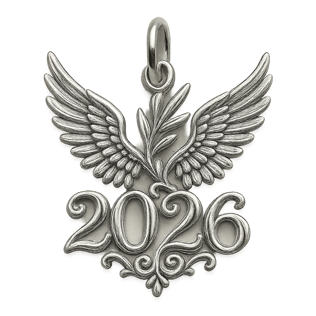 Shiny silver cut-out charm only with  two spread out bird wings, an olive branch and  along year 2026