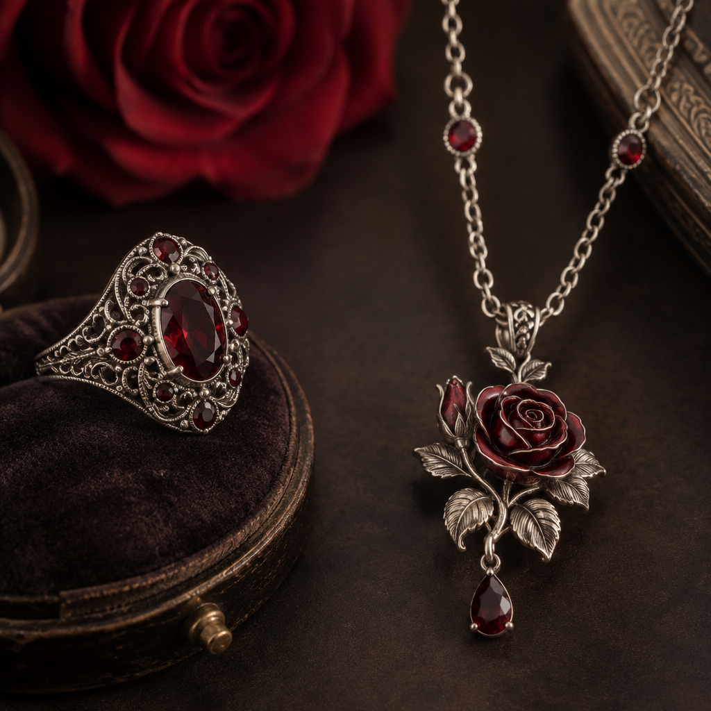 A vintage women's ring made of silver with garnet stones. a necklace with Rose on it
photorealistic jewelry design, A vintage women's ring made of silver with garnet stones. a necklace with Rose on it, vintage style, just the design no text
