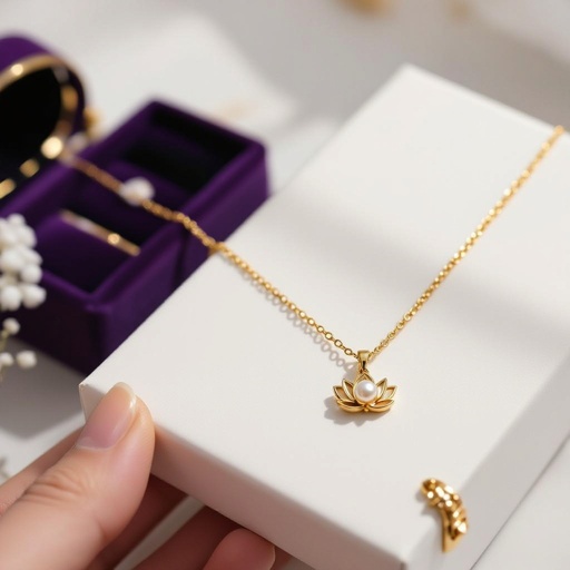Украшение на шею золотая цепочка с подвеской в виде цветка лотоса с жемчугом по центру