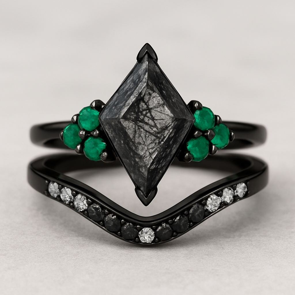 Black band, kite cut rutilated black quartz, emerald accent stones 3 on each side in a cluster, add a wedding band that curves around main stone with black and white stones