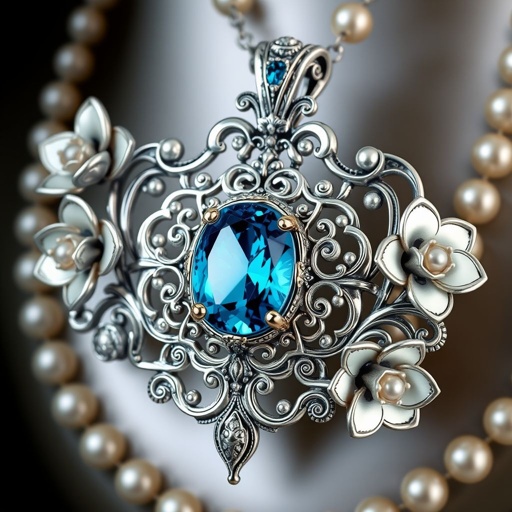 Blue topaz pendant with silver flowers
