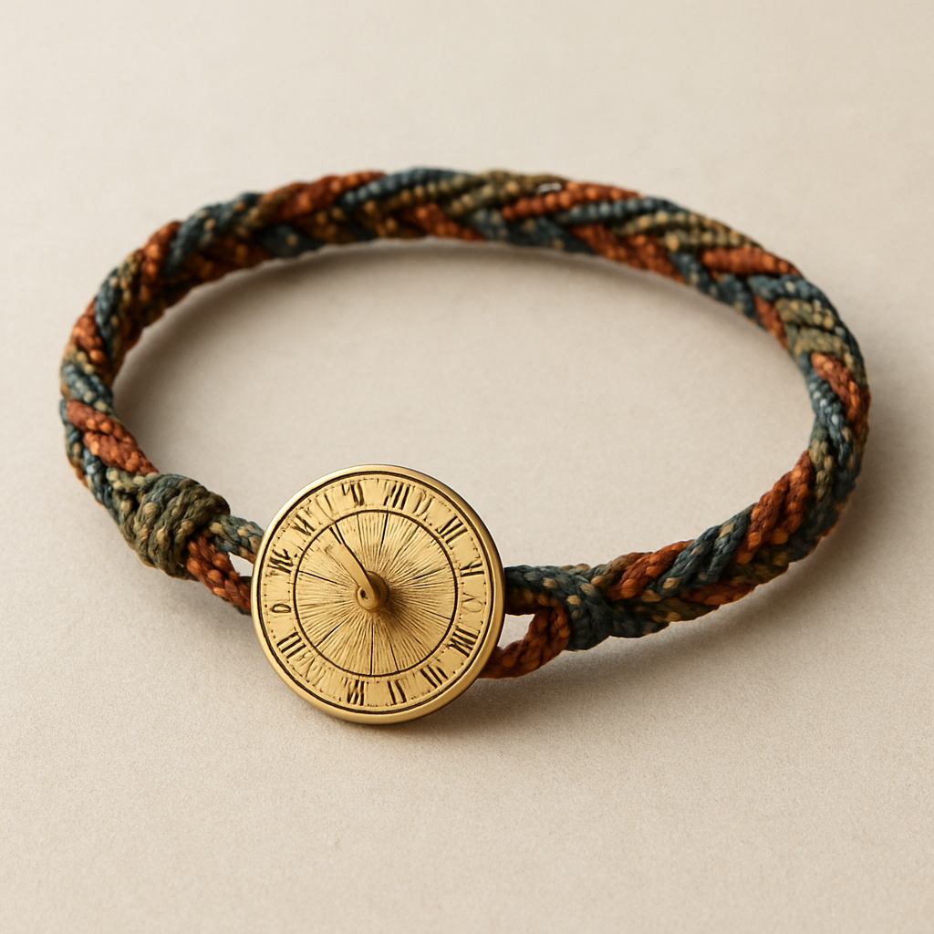 A handmade string bracelet inspired by Babylonia jewelry. The bracelet is made of woven colorful cords with a minimal, artisanal aesthetic. It features a loop-and-button closure system, where the button is replaced by a small, elegant sundial disc — a miniature golden sundial used as the clasp. The sundial has fine engraved hour markings and a small gnomon in the center. The overall design feels symbolic and timeless, combining ancient craftsmanship with modern simplicity. Photographed on a neutral background, detailed lighting, high quality product shot.