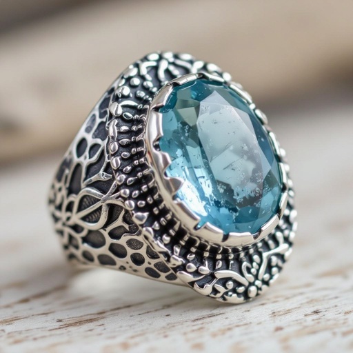 Aquamarine ring with pisces motif for man.