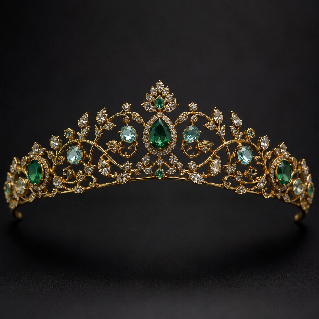 A vintage women's tiara made of gold with emerald and aquamarine and diamond stones suitable for formal, highly ornate, intricate and elaborate, richly detailed. delicado y sencillo, y que tenga unas finas enredaderas con pequeñas hojas
photorealistic jewelry design, A vintage women's tiara made of gold with emerald and aquamarine and diamond stones suitable for formal, highly ornate, intricate and elaborate, richly detailed. delicado y sencillo, y que tenga unas finas enredaderas con pequeñas hojas, vintage style, just the design no text