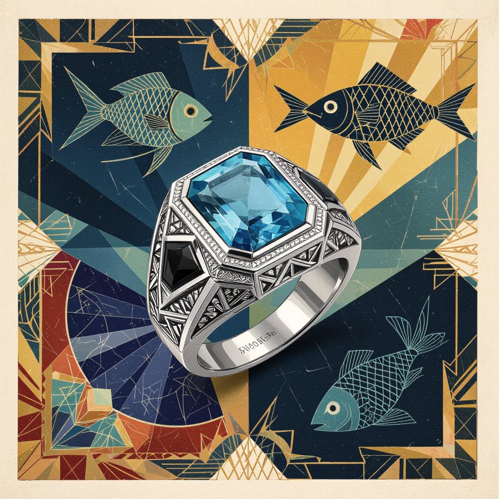 Aquamarine, and stones, silver ring with pisces/fish motif for man.