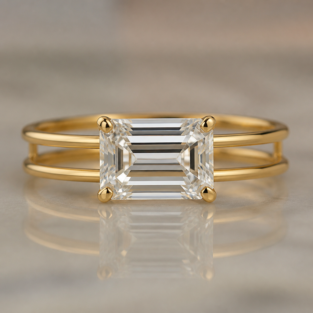 A 10ct emerald cut clear diamond that is east west on a ring. The ring is double banded and the bands are extremely thin and a quarter inch apart. The stone hangs over the bands on the top and bottom. All of the metal is yellow gold
photorealistic jewelry design, A 10ct emerald cut clear diamond that is east west on a ring. The ring is double banded and the bands are extremely thin and a quarter inch apart. The stone hangs over the bands on the top and bottom. All of the metal is yellow gold , minimalist style, just the design no text