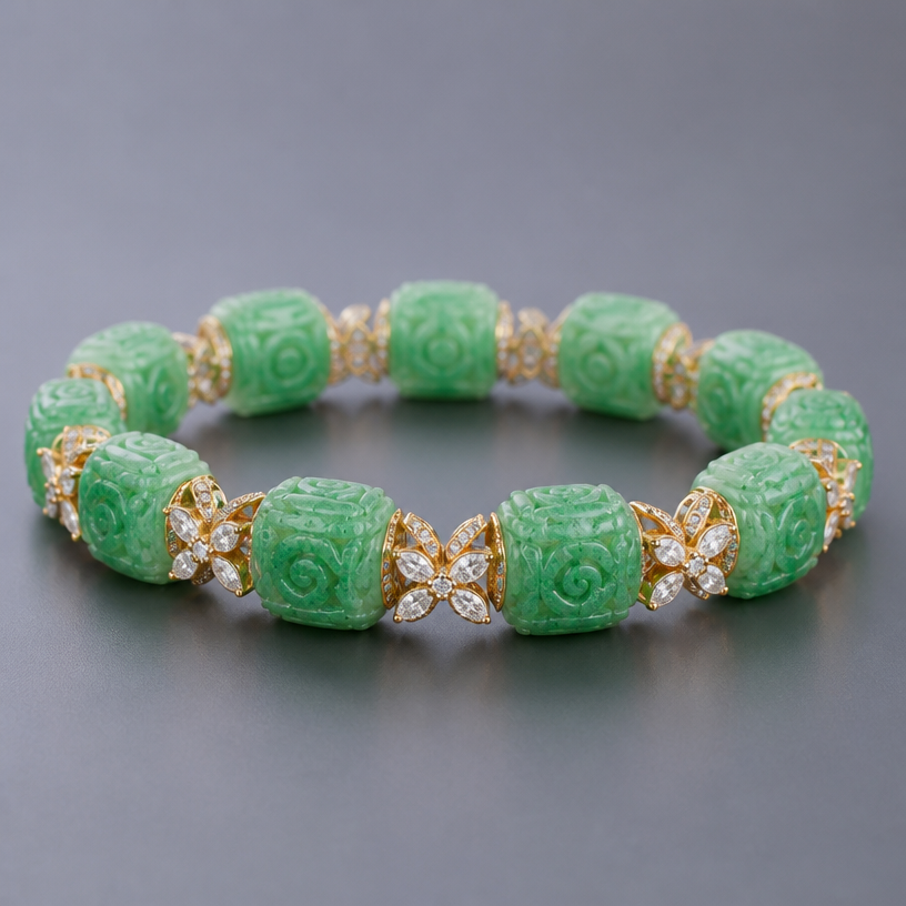 A artistic women's bracelet with diamond stones. Create a 6-inch bangle using the 12 beads shown in the attached picture. Each= bead is 9.7 millimeters long.
using the attached image as a visual reference, create A artistic women's bracelet with diamond stones. Create a 6-inch bangle using the 12 beads shown in the attached picture. Each= bead is 9.7 millimeters long.. photorealistic, just the design no text