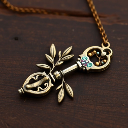 Old skeleton key shape gold and silver tones with olive branch turning on leg and keffieh print on the tip