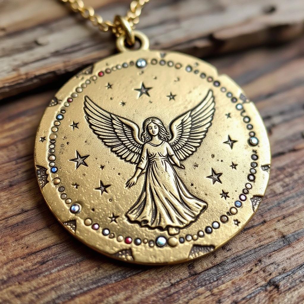 Золотой матовый медальон в форме неровного круга с неровными краями. По краям выпуклые точки сплошной линией. На круге выгравирован ангел без фигуры, видно только крылья и вокруг здездочки и разные узоры и украшен миниатюрными камнями