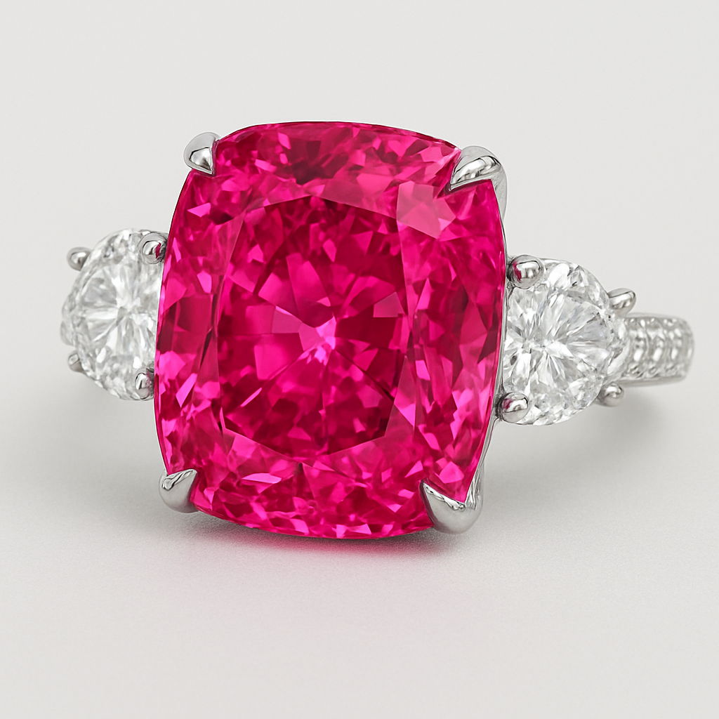 I have a vivid pink cushion diamond 10.07ct dimensions are 14.11x10.84x7.32 I want to make it a ring with paveè and 2 heart shaped white diamonds as side stones 