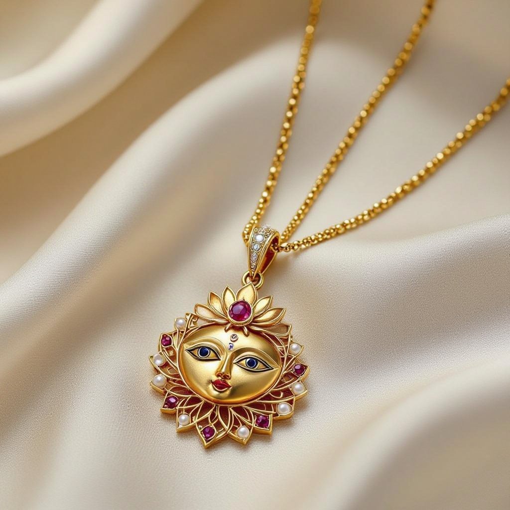 Кулон на длинной цепочке. Матовое светлое золото. В цепочке небольшие золотые шарики и жемчуг. Кулон в виде двух глаз над ними лотос с маленьким красным камнем внутри узоры завитушки 