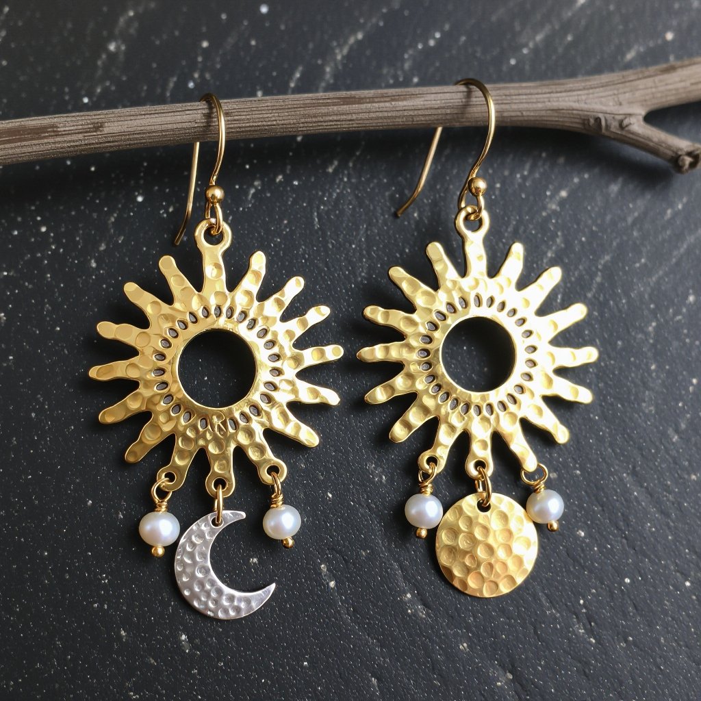 Золотые серьги словно мятое золото в форме солнца с волнистыми лучами, в центре солнца круглая дыра. крепится к застежке серьги. К нижней части солнца крепятся подвески: миниатюрная серебристая луна, очень маленький жемчуг и маленький золотой кружочек с мятым эффектом плоский
