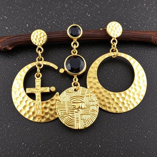 Золотые серьги словно мятое золото в форме узкого изящного полумесяца. Верхушка полумесяца крепится к застежке серьги. К нижней части полумесяца крепятся три подвески: миниатюрный золотой египетриский крест, очень маленький кристалл раухтопаза и маленький золотой кружочек с мятым эффектом плоский