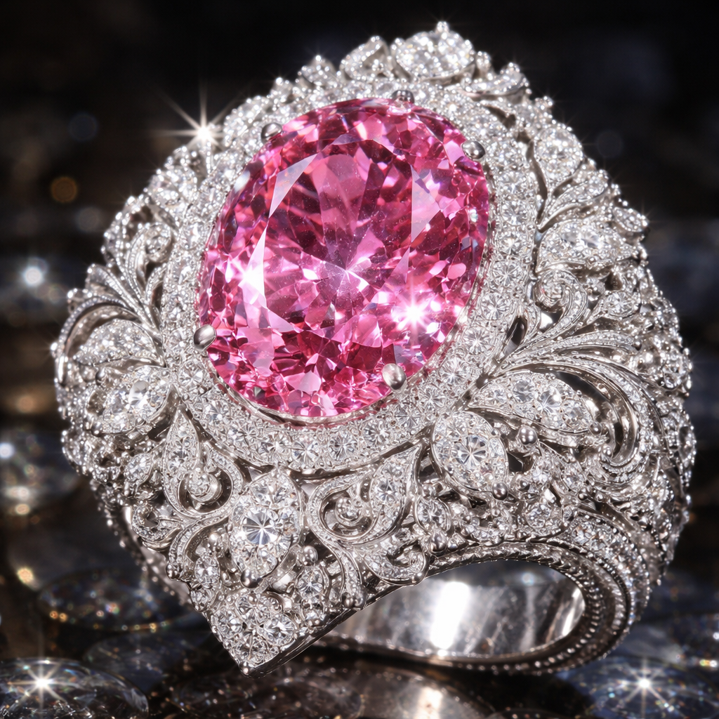 A pink gem sparkling with tons of diamonds and silver carvings around It