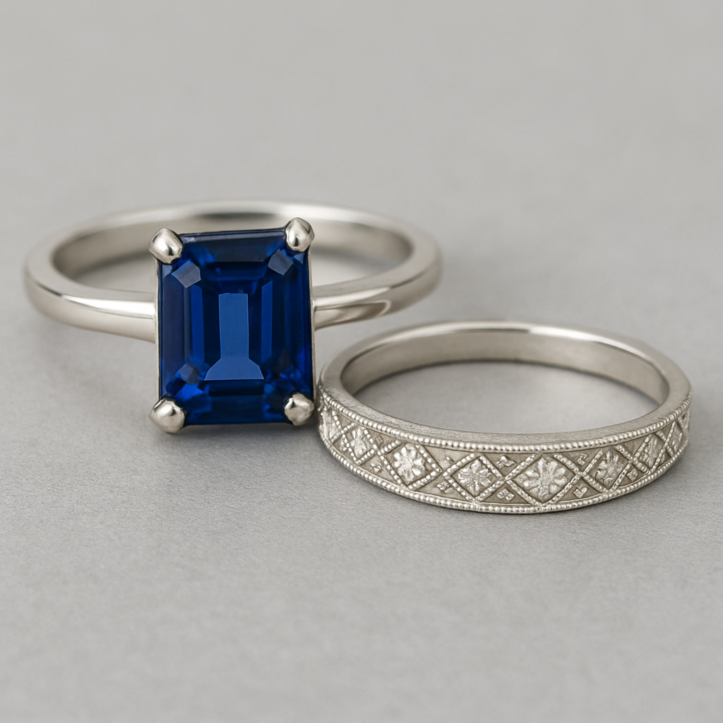 2 rings, the first is an emerald cut sapphire engagement ring and the second is an art deco wedding band