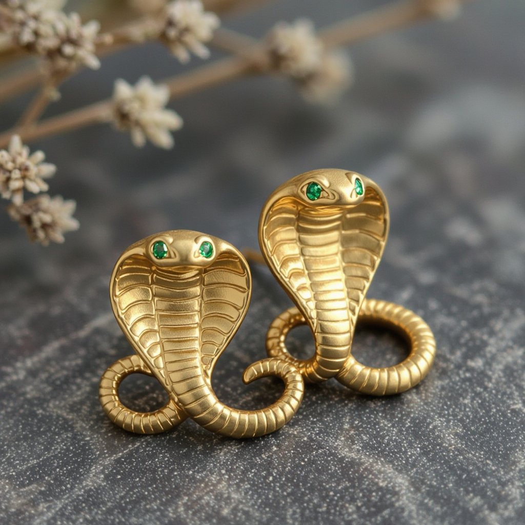 Небольшие золотые матовые серьги в виде кобры с открытым капюшоном