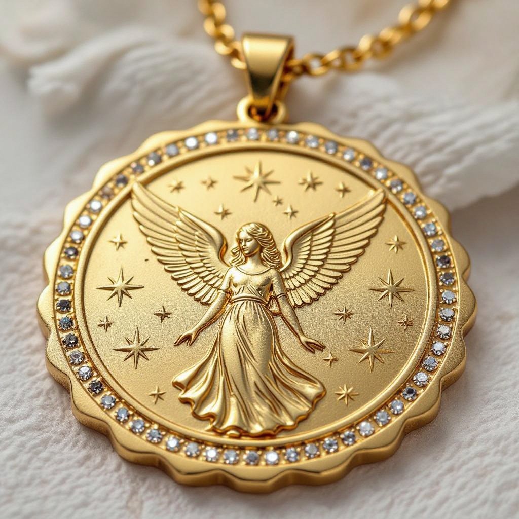 Золотой матовый медальон в форме неровного круга с неровными краями. По краям выпуклые точки сплошной линией. На круге выгравирован ангел без фигуры, видно только крылья и вокруг здездочки и разные узоры и украшен миниатюрными камнями