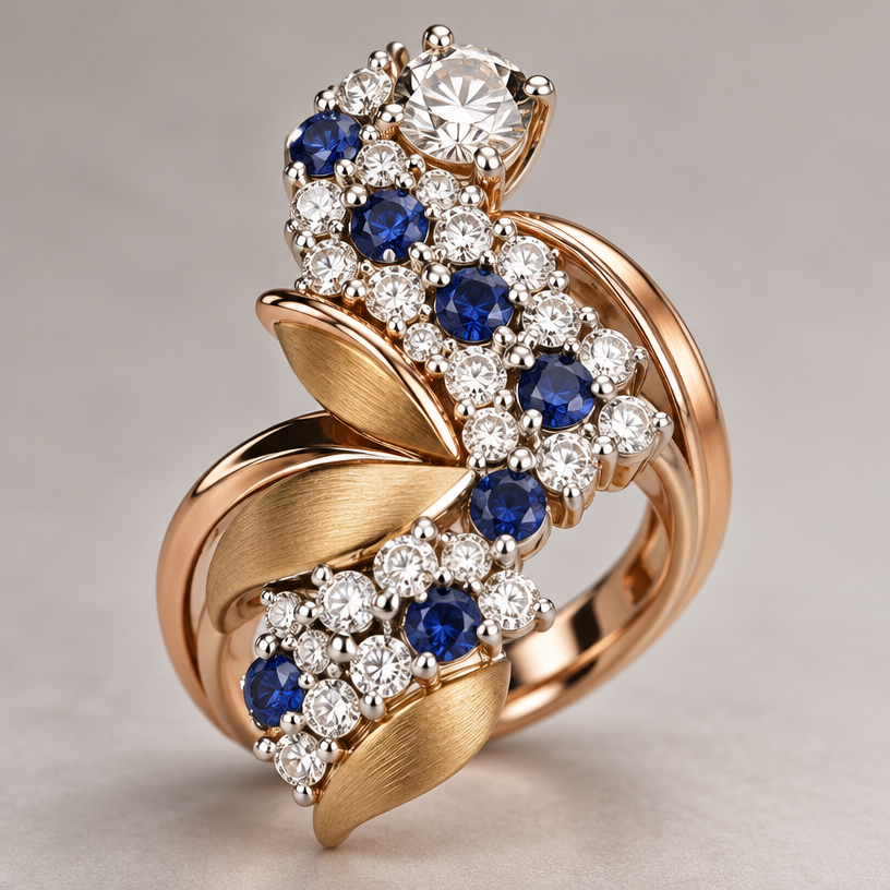 A luxury women's ring made of mixed metal with diamond and sapphire stones. design ring using the photo for gem size reference. the ring should contain 33 of the smaller diamonds, 7 of the sapphires, and the one larger diamond.
using the attached image as a visual reference, create A luxury women's ring made of mixed metal with diamond and sapphire stones. design ring using the photo for gem size reference. the ring should contain 33 of the smaller diamonds, 7 of the sapphires, and the one larger diamond.. photorealistic, just the design no text
