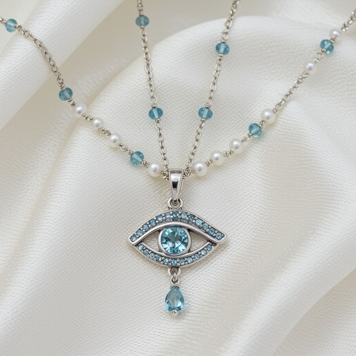 Тонкая цепочка с серебряными шариками и мелкими жемчужными камушками на цепочке есть кулон в форме глаза, зрачок глаза из аквамарина от глаза идет маленькая подвеска с маленькими камушками аквамарина 