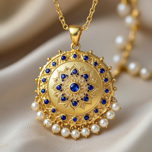Кулон на длинной цепочке. Матовое светлое золото. В цепочке небольшие золотые шарики и синие камушки и жемчуга. Кулон в форме неровного мятого круга. На круге изображена мандала украшена узорами и мелкими камушками 
