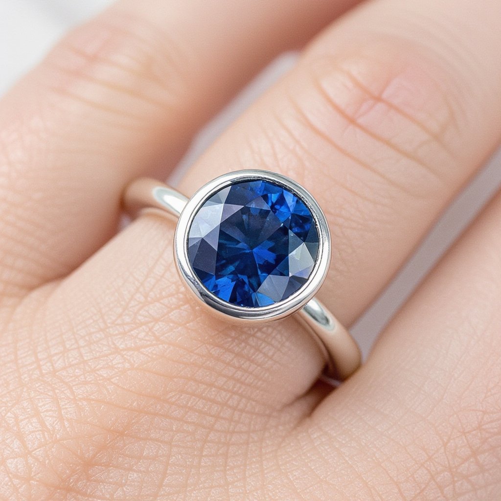 Silver ring with a Round shape blue sapphire solitaire 